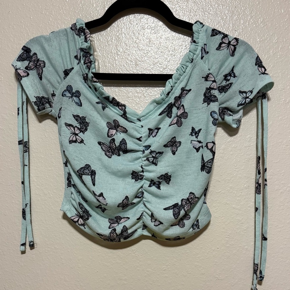 Almost Famous Mint Butterfly Crop Top | Size M | Y2K Ruched Tie Top - Picture 2 of 4